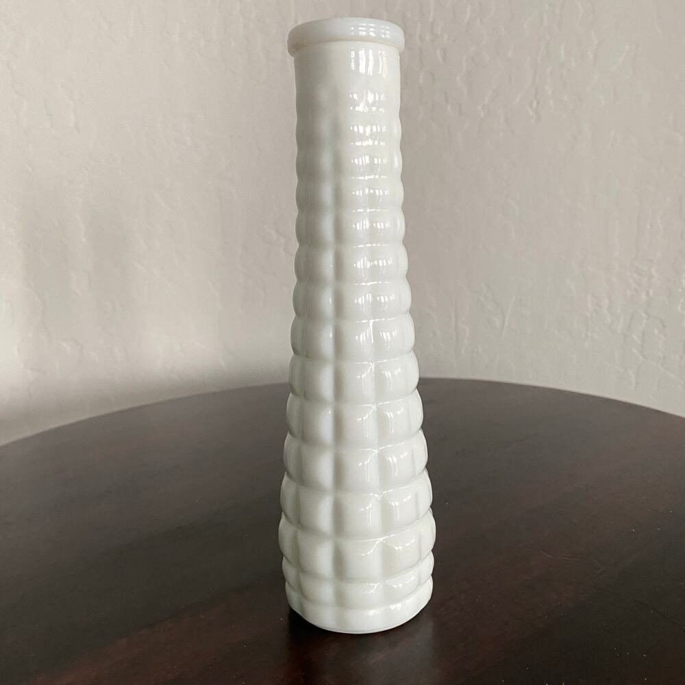 Milk glass bud vase square quilted pattern 8 3/4” vintage EO Brody